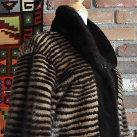 Brown Blonde Horizontal Stripe Mink Fur Full Length Long Coat Jacket, Sable Trim - Picture 9 of 13